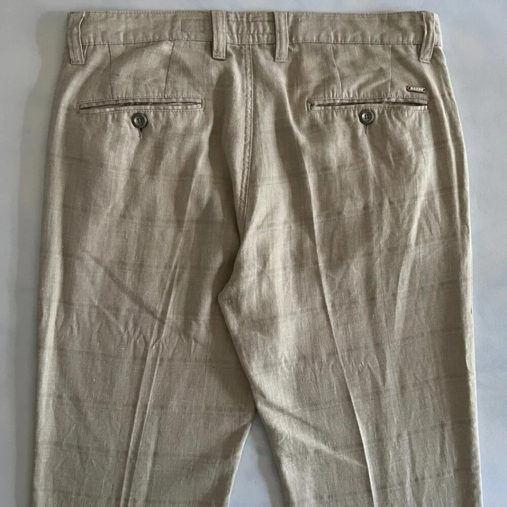 Mondo Men's Linen Beige Plaid Tapered Leg Pants